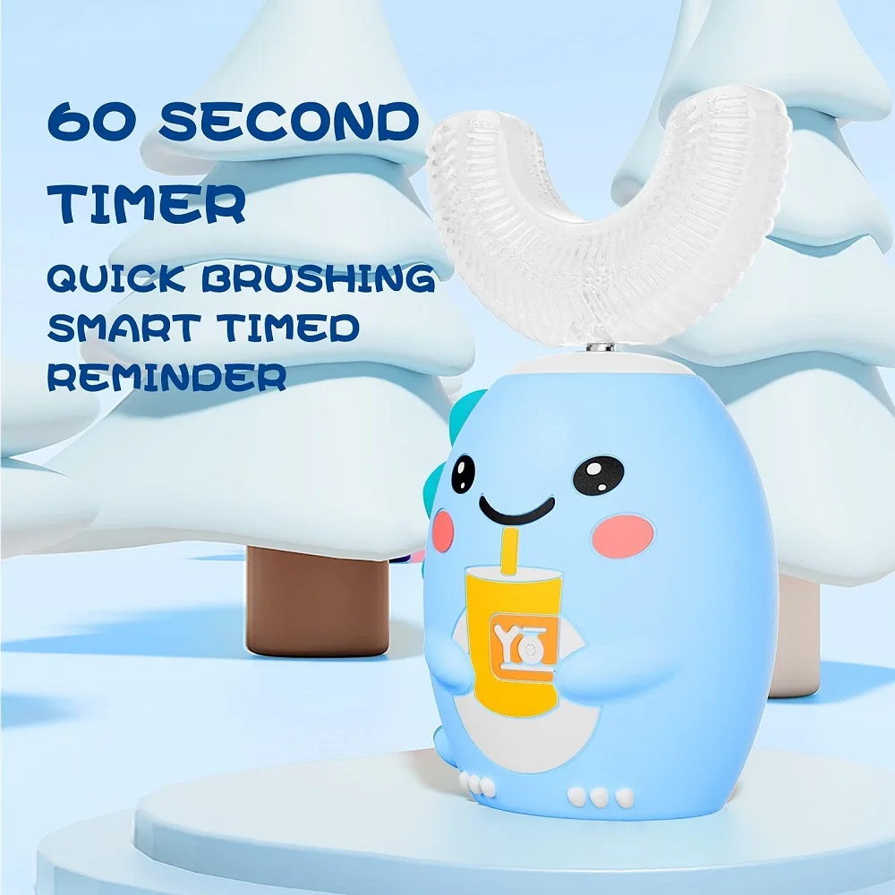 Детская U-образная электрическая зубная щетка с 5 режимами, Sonic Cartoon Dinosaur, очистка на 360 градусов, IPX7, водонепроницаемая U-образная зубная щетка