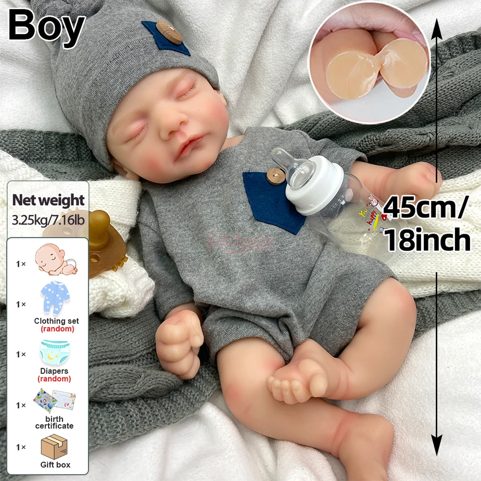 18インチのフルソフトシリコン製リボーンドール、男の子。口が開くこと