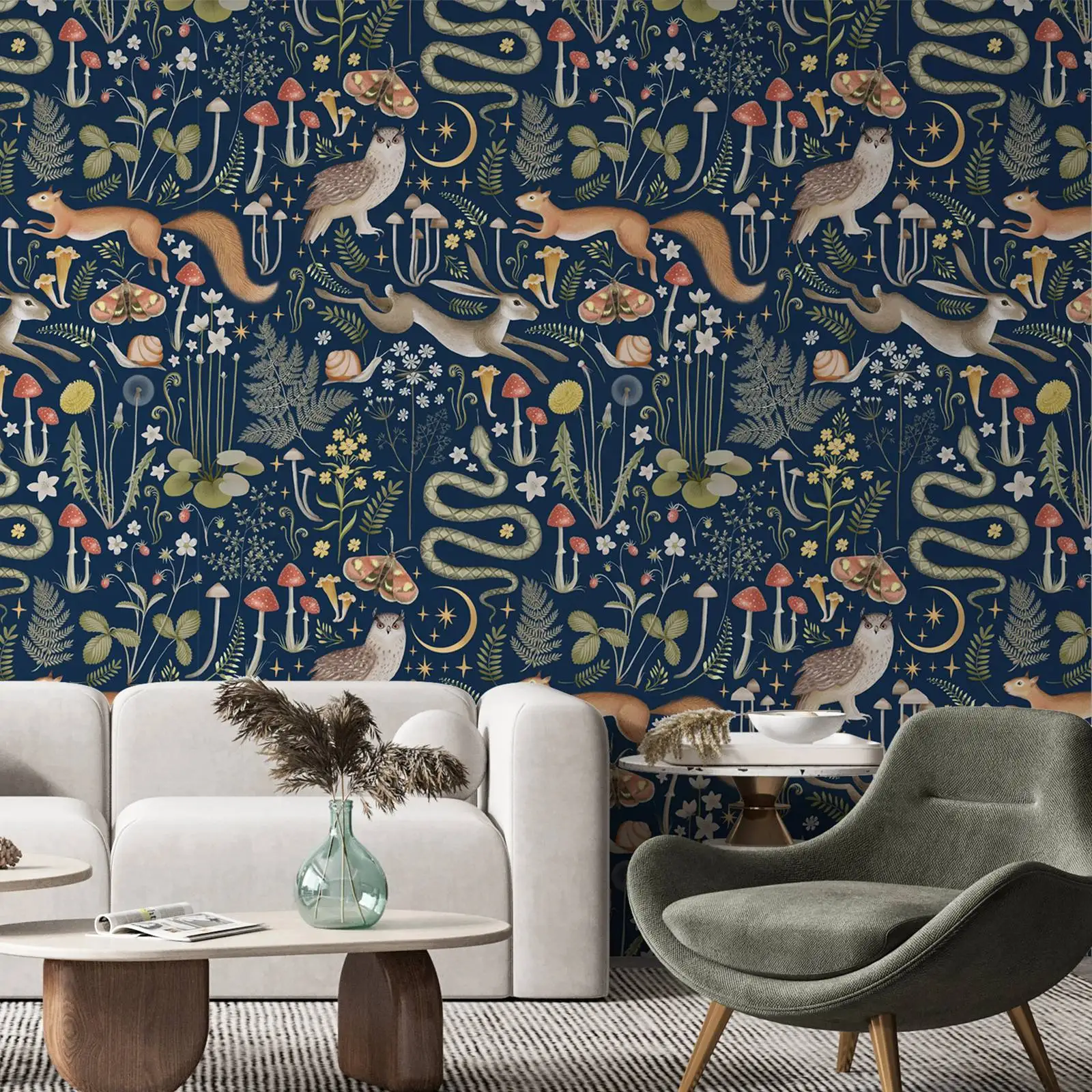 Navy Blue Woodland Wallpaper, Peel and Stick Nursery Mural, Wild Animals Wall Papers For Room Decoration,With Gule Or Without