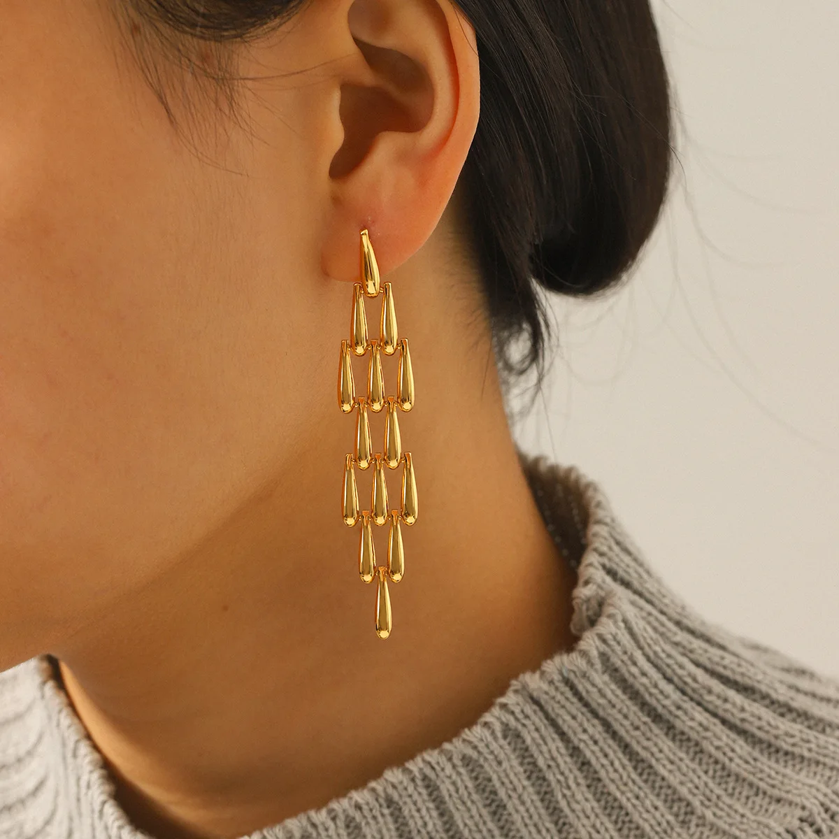 Long tassel stud earrings, teardrop woven spliced statement stainless steel earrings, stylish ear jewelry