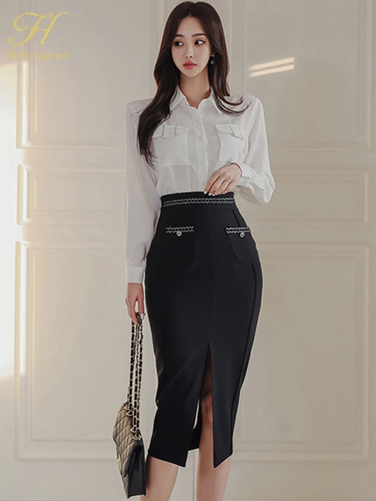 H Han Queen 2024 Spring Skirt Set Women\'s Elegant Korean Long Sleeve Shirts + Pencil Skirt Casual Party Two Piece Set For Women