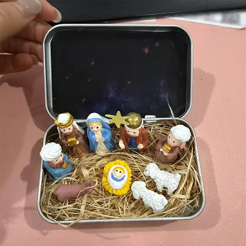 تمثال صغير لمشهد ميلاد عيد الميلاد في جرة هدية صغيرة من الراتنج لسطح المكتب ديكور سطح الطاولة في غرفة المعيشة وغرفة النوم وزخرفة عيد الميلاد #3