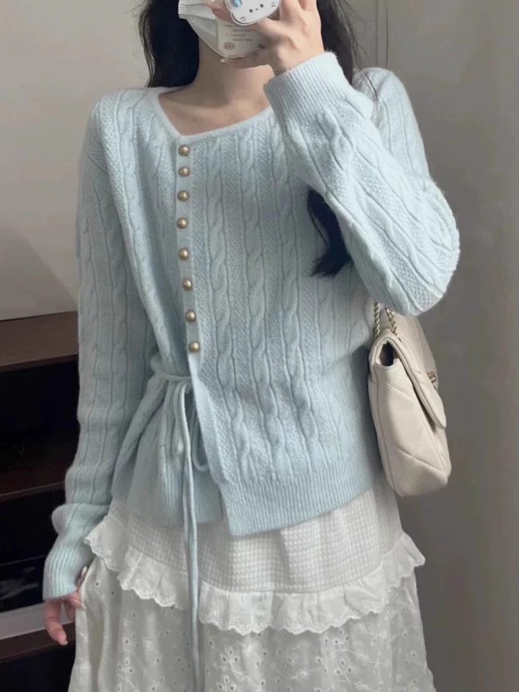 

Fashion Elegant Cardigan O Neck Single Breasted Lace-up Solid Color Sweaters All Match Knit Tops 2025 Autumn New Women Clothing