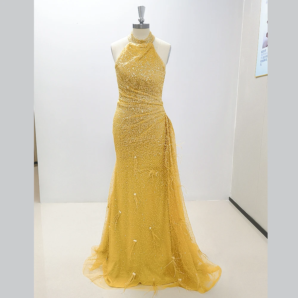 KSDN Yellow Evening Dress Sleeveless Halter Sequined Beading Sweep Train Feathers Pleated Formal Party Luxury Gown Elegant Women