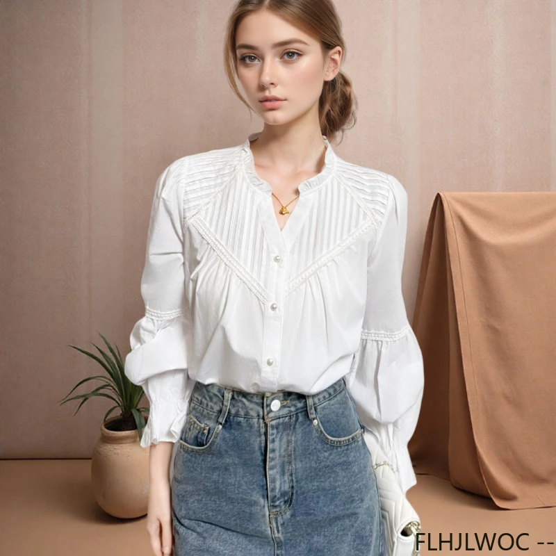 

French Design Basics White Shirts Office Lady Work Women Long Sleeve V Neck Fashion Flare Sleeve Solid Button Ruffles Shirts