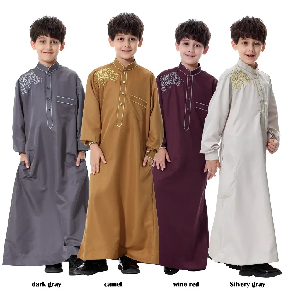 Ragazzo Arabo Veste Bambini Manica Lunga Jubba Thobe Emboridery Dubai Musulmano Saudita Eid Islamico Ramadan Abbigliamento Abito Caftano Medio Oriente