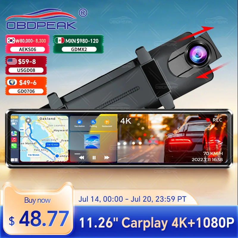 

OBDPEAK K4 12 Inch 4K Rearview Mirror Camera Wireless CarPlay & Android Auto AUX FM GPS Navigation AI Voice Control Dash Cam