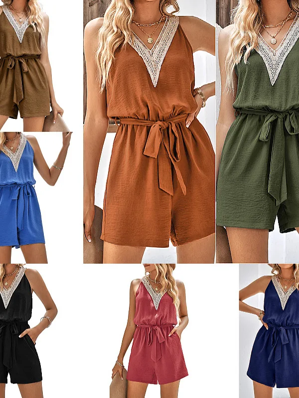 

Color Svel Patchwork Jumpsuit Svel V-Ne High Waist Five-Quarter Length Polyester Fiber Casual Summer Outfit