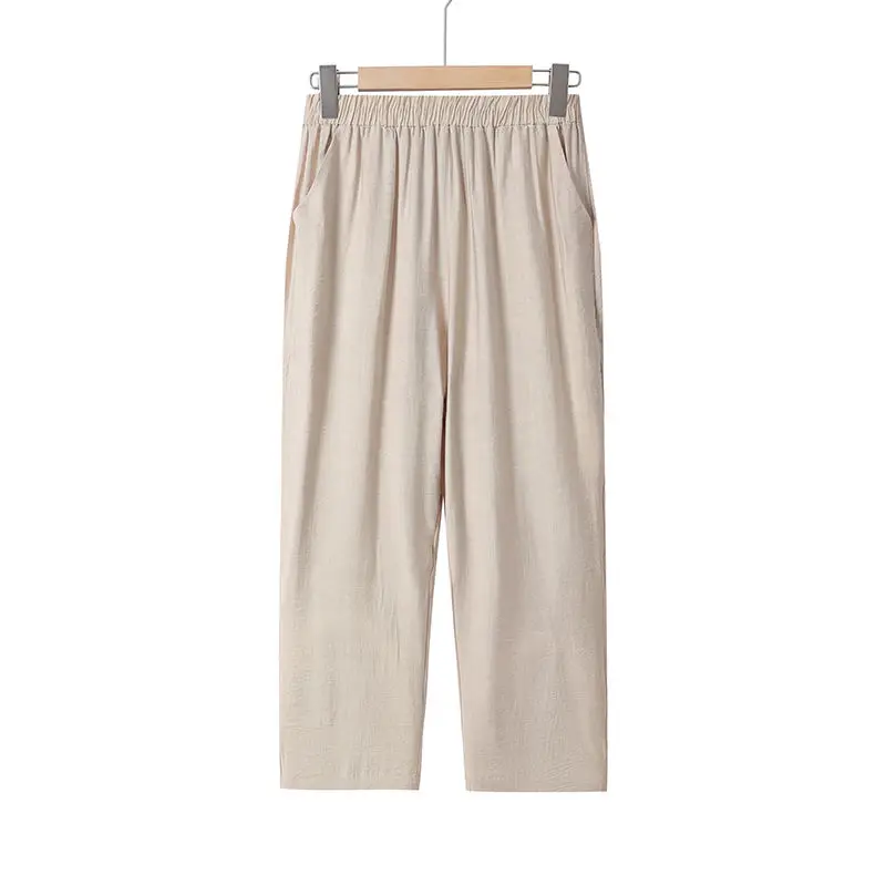 Primavera e autunno donna elastico a vita alta solido tasca arricciatura pieghe gamba larga Crop pantaloni Casual moda elegante pantaloni larghi