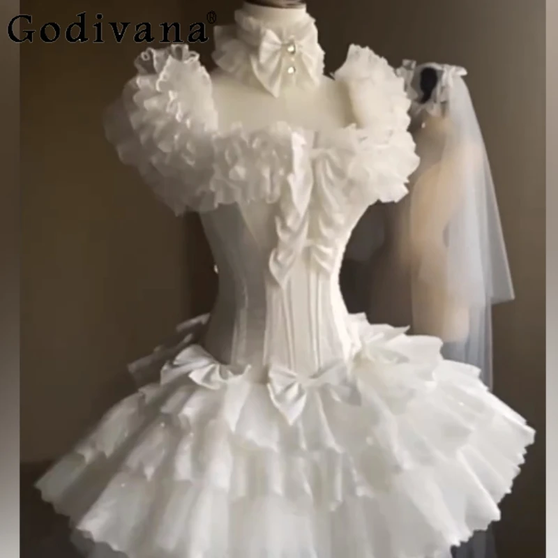 

Temperament Simple Square Collar White Sweet Girl Lolita Wedding Dress Romantic High Waist A-line Versatile Elegant Cake Dresses