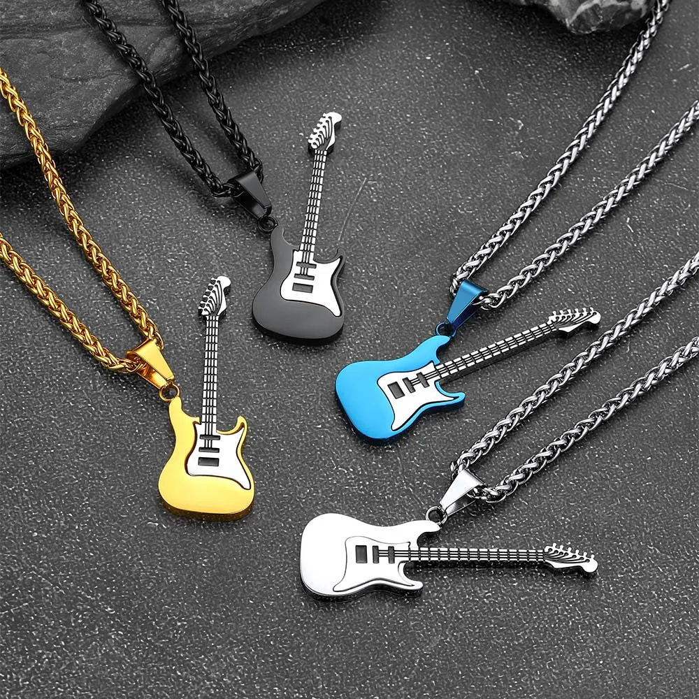 U7 ギターネックレス男性女性のための音楽愛好家へのギフトブラックゴールドカラーステンレス鋼ペンダントリンクチェーンヒップホップロックジュエリー