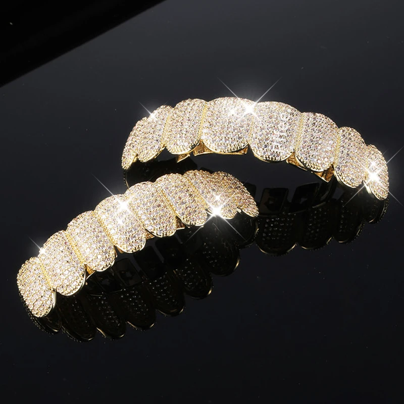 Pffee Hiphop Tanden Grillz Steentjes Ijskoud Zilver 18K Vergulde Tand Shackle Rapper Sieraden Grills Voor Mannen Vrouwen