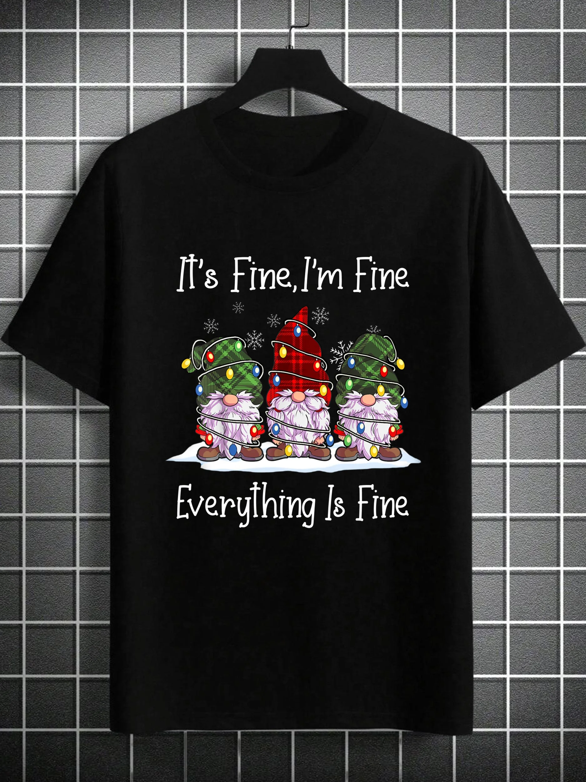 

Funny Christmas Gnome Graphic T-Shirt - "It'S Fine I'm Fine Everything Is Fine" Saying with Gnomes & Snowflakes Breathable Tee f