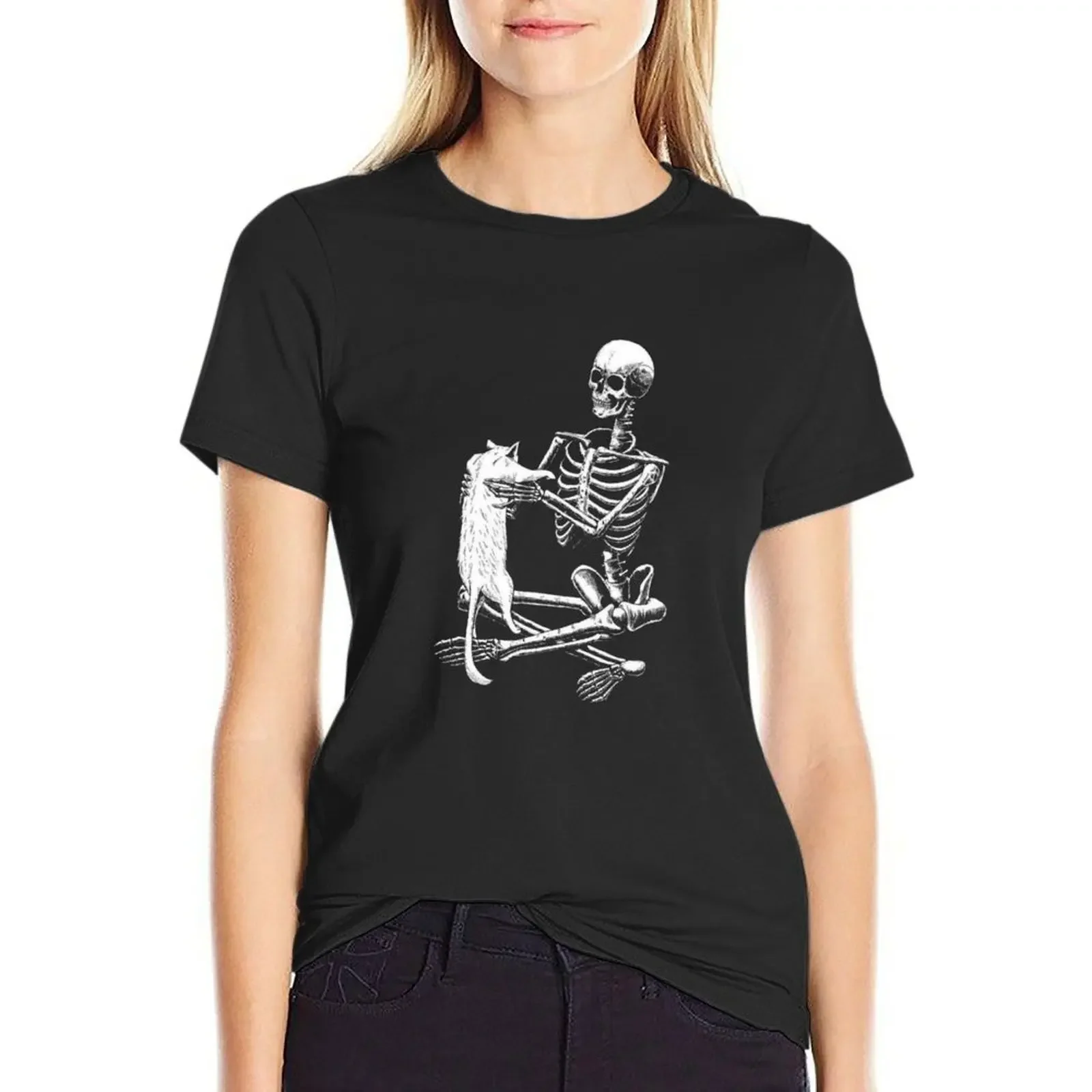 

Cat and Skeleton T-Shirt summer tops lady clothes plus size tops tees ariat shirts for Women