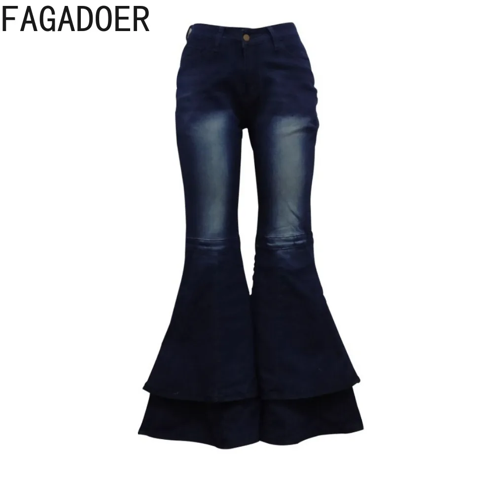 FAGADOER Fashion Washed Denim Pleated Flare Pants Women High Waisted Button Loose Wide Leg Jeans Trousers Female Cowboy Bottoms