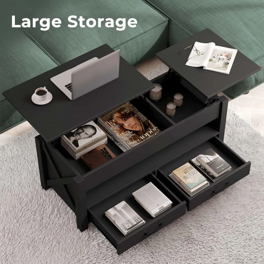 Tavolino da caffè, tavolino da caffè sollevabile da 47,2" con 2 cassetti portaoggetti e scomparto nascosto, supporto per fattoria in legno X, centro retrò