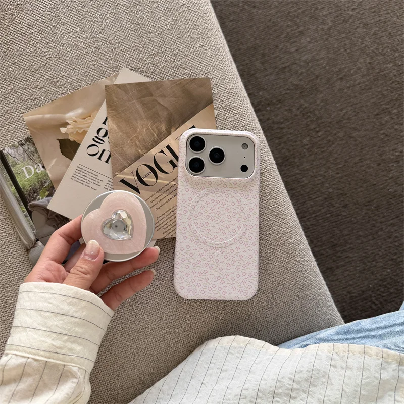 

Pink Purple Floral Magnetic Case For iPhone 17 Pro Max 15 14 Pro Max with Pink Heart Gem Stand Matte Filmy Shockproof Protective