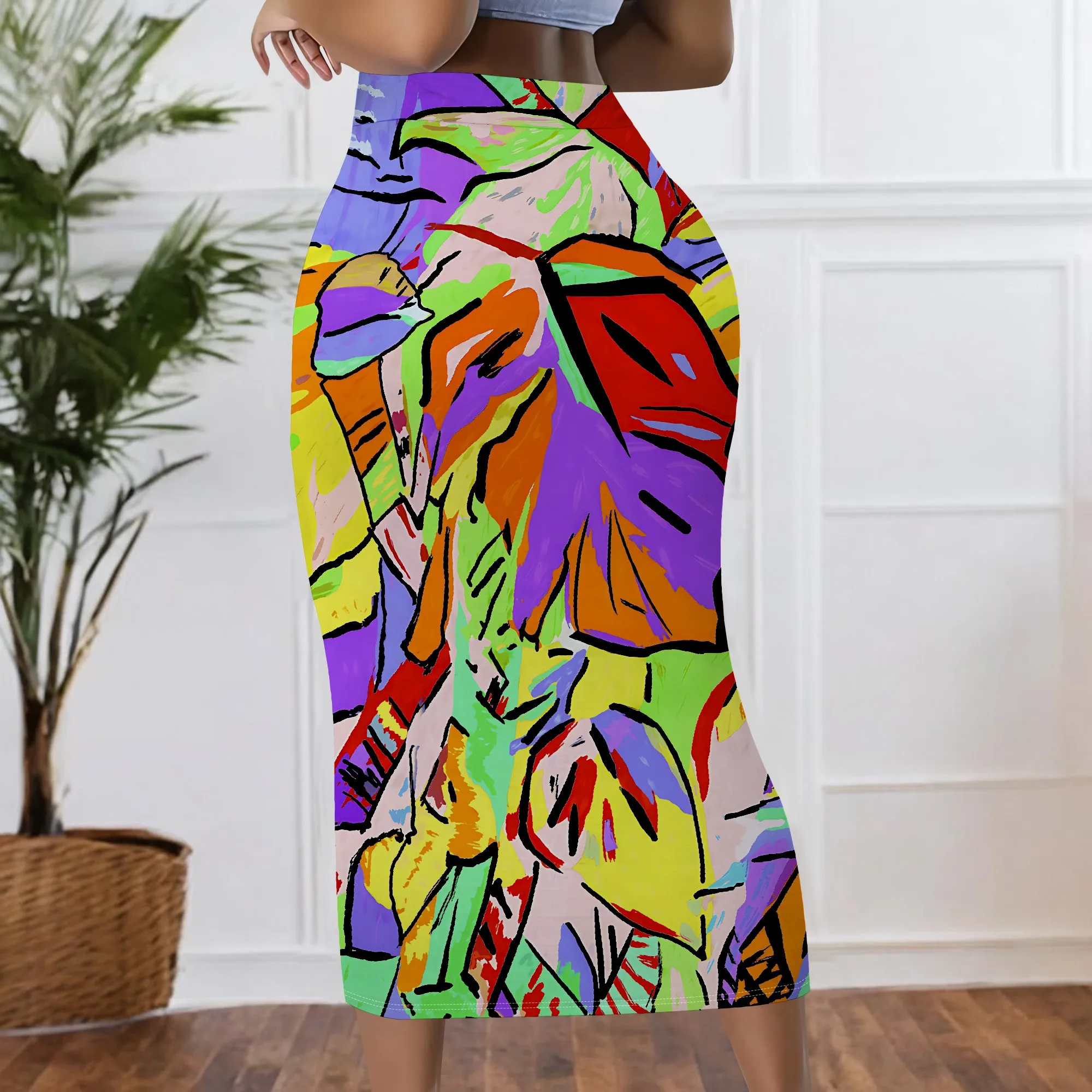Abstrakter, bedruckter Rock, bunte Blätter, tropisches Muster, Midi-Länge, Sommerurlaub, S-2XL – Detail 4