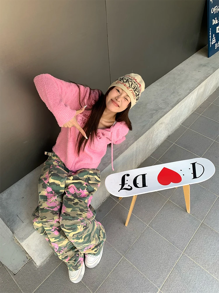 High Street Camouflage Casual Pants Women Contrast Color Pink Floral Print Overalls Loose Pleated Straight Trousers Hip Hop