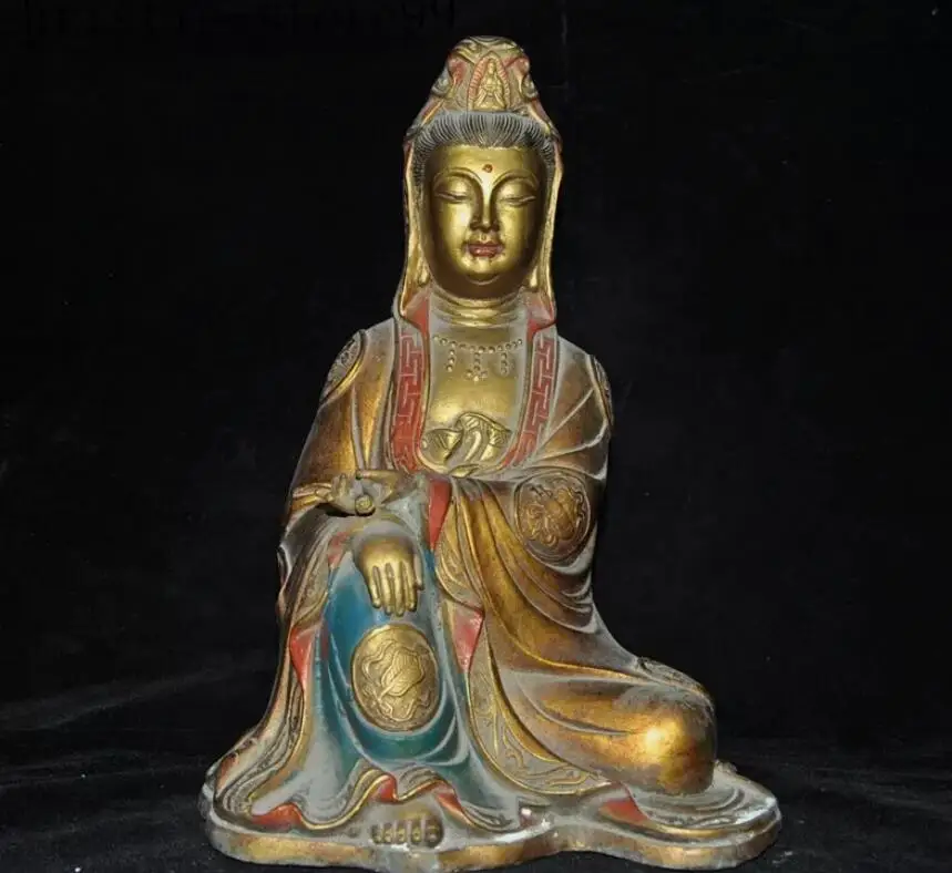 China bronze Gilt Painted 8 auspicious symbol Kwan-yin Bodhisattva Buddha Statue