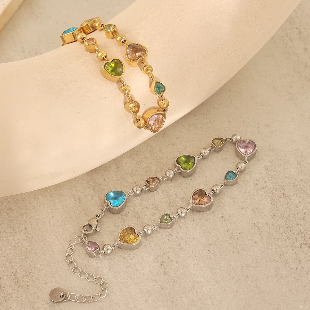 Exquisites Regenbogen-Herz-Kristallarmband für Damen, Edelstahl PVD 18K vergoldet, lichtbeständig, beliebtes Schmuckzubehör – Detail 5