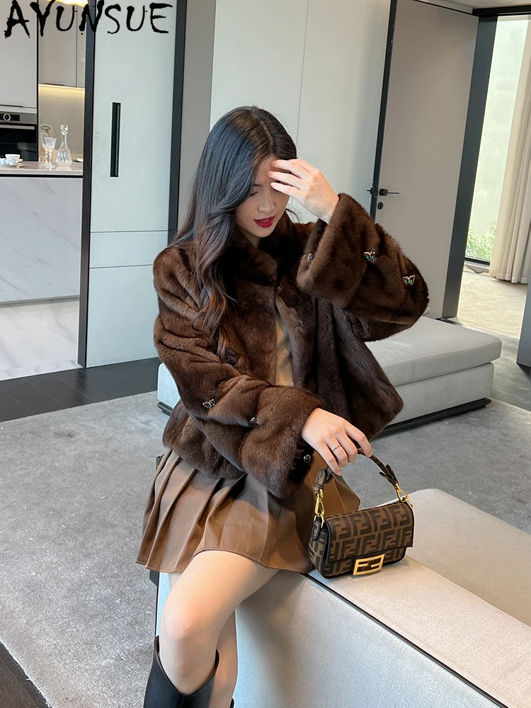 AYUNSUE Naturalna Kurtka z Futra Norki AYUNSUE Damska Moda Rozkloszowane Rękawy Luksusowe Kurtki z Prawdziwego Futra dla Kobiet Odzież Ropa Para Mujer