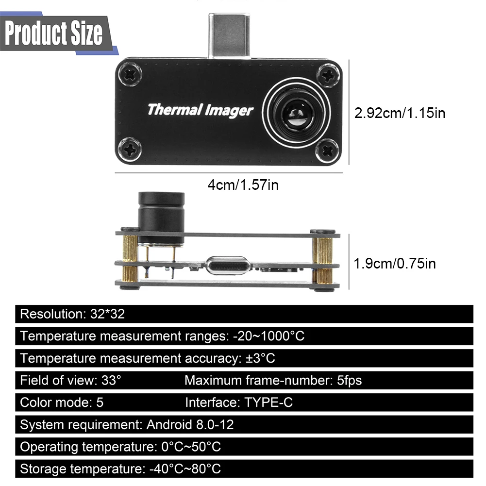 Kamera pencitraan termal seluler, Imager termal tipe-c-20 ~ 1000 °C 32*32 pixel, kamera pencitraan termal inframerah untuk ponsel Android