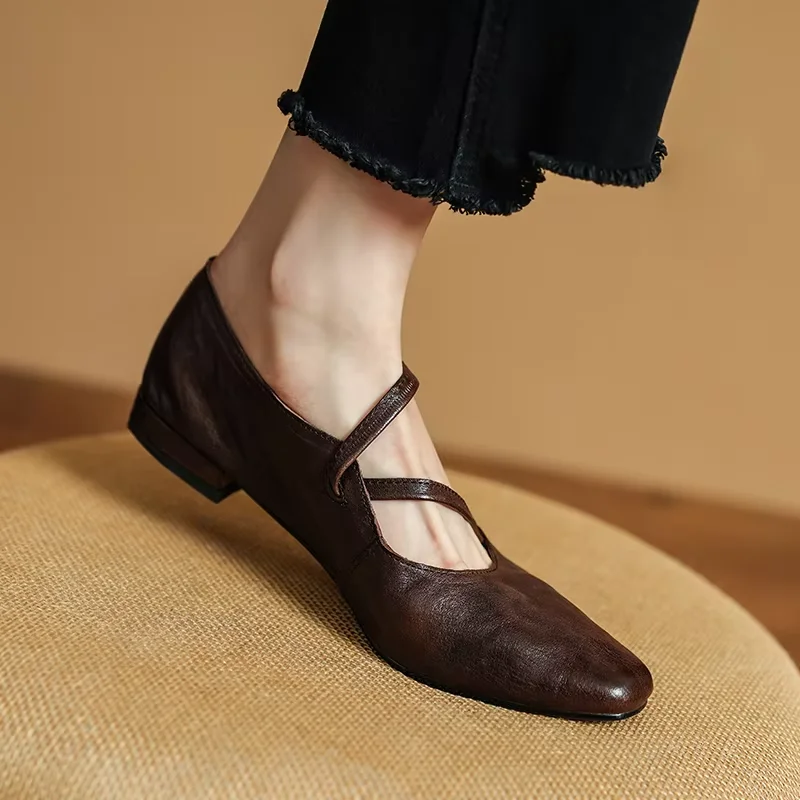 Woman Quality Flats Spring Autumn Retro Flats Elegant Mary Janes Square Toe Simple Shoes Horsehide French Style Buckle Footwear