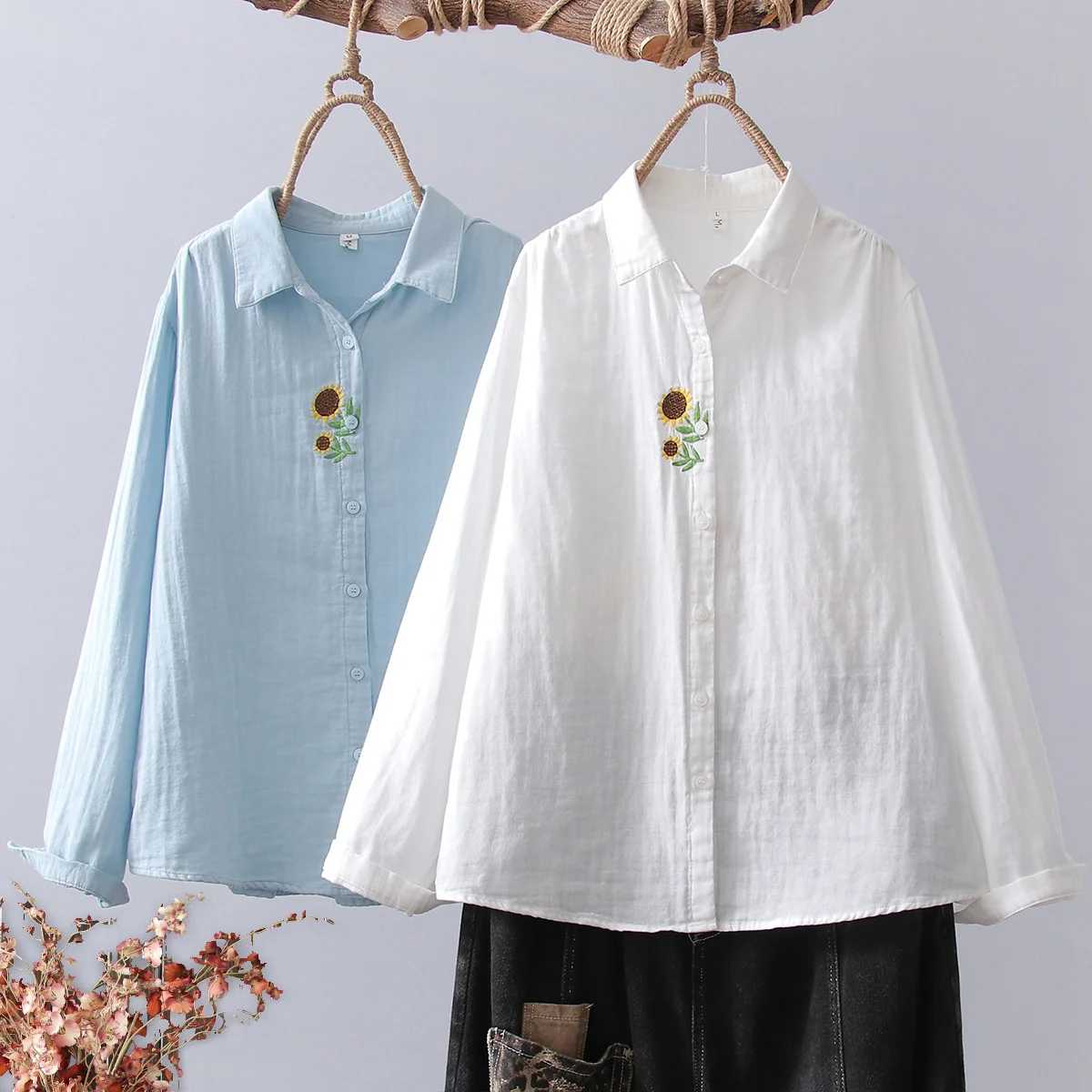 

100% cotton blue shirts and blouses women autumn winter fresh bran long sleeve sunflower tops korean style women's clothing