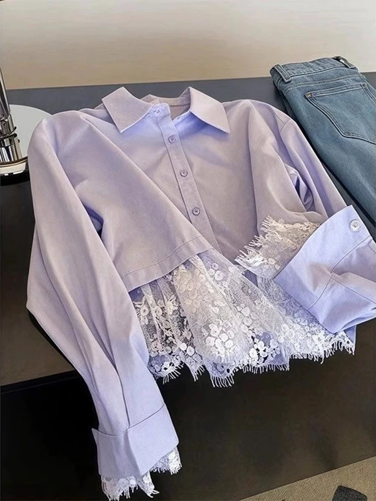 

Purple Lapel Lace Spliced long-sleeved Shirt and Shirt for Women's New Spring Dopamine Design Top