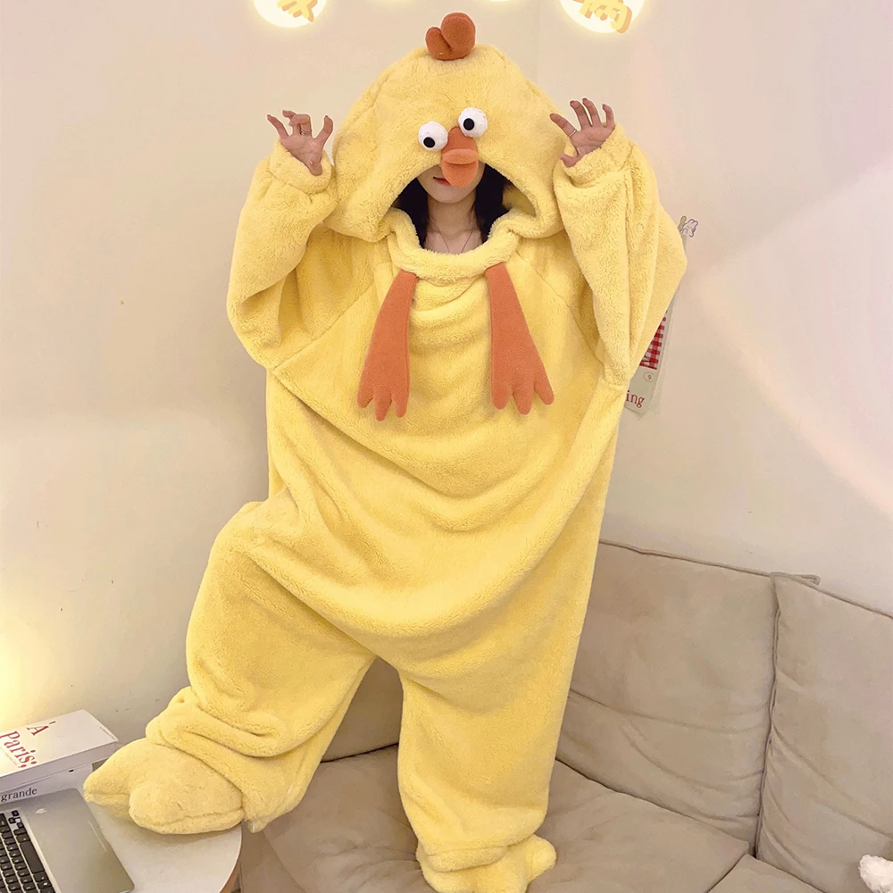 Adult Onesie Pyjama Animal Halloween Yellow Chicken Costume Unisex Onesies Plush Cosplay Pajamas Set One-Piece Sleepwear Blanket