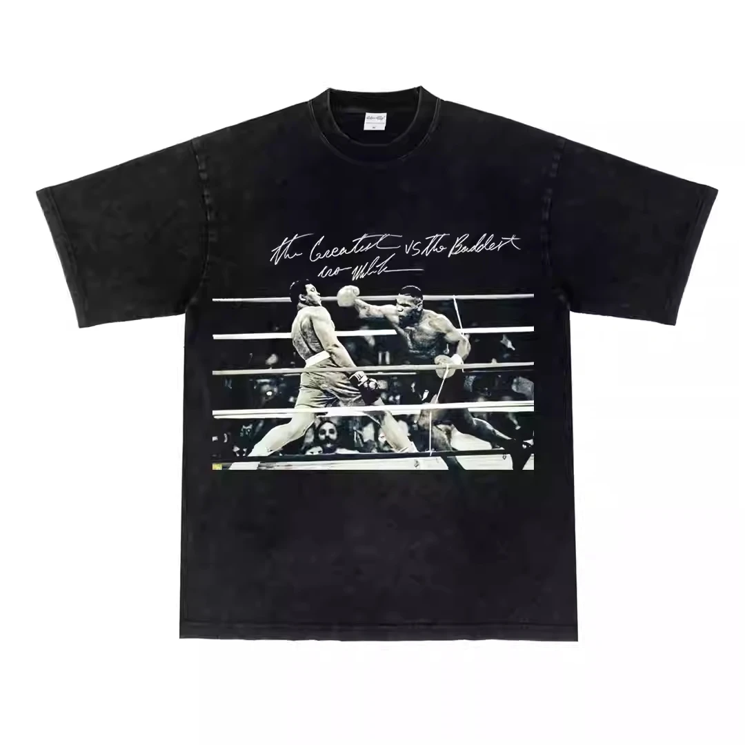 

2025 A Photo of Boxing Champion Ali Tyson in An American Aged Pure Cotton Street UFC Boxing Short-sleeved T-shirt
