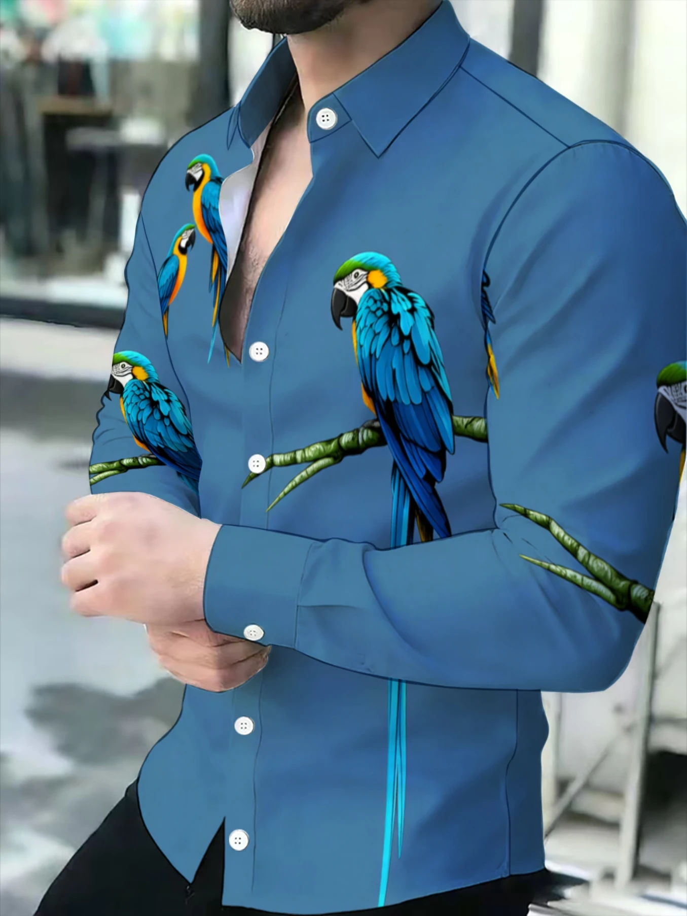 Men Parrot Bird Graphic Print Long Sleeve Shirt Turn‑Down Collar Button‑Up Polyester Vacation Casual Blouse
