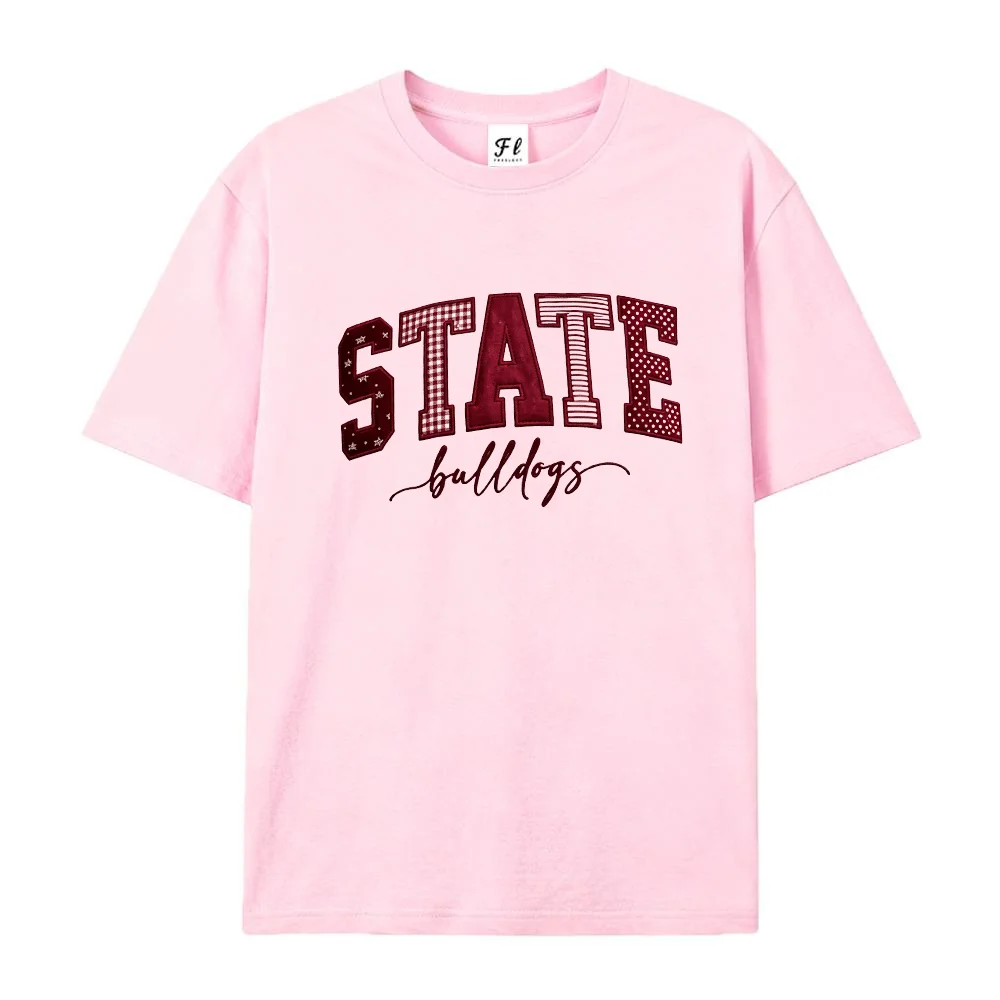 Women State Bulldogs T Shirt White Red Plaid Letter Print Vintage College Style Tee Casual Summer Top Sporty Graphic Tee