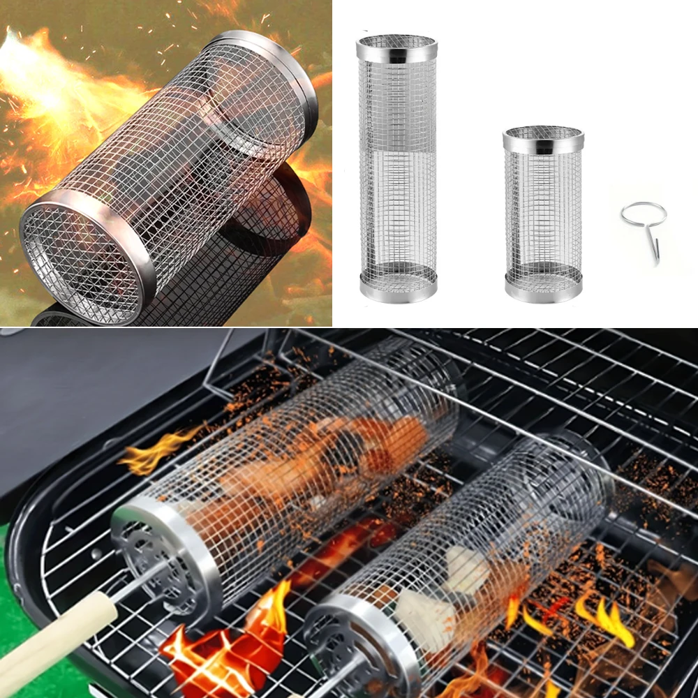Rolling Grilling 、Stainless Steel BBQ Net Tube Baskets Accessories Tools for Vegetable Fish Meat Food Camping