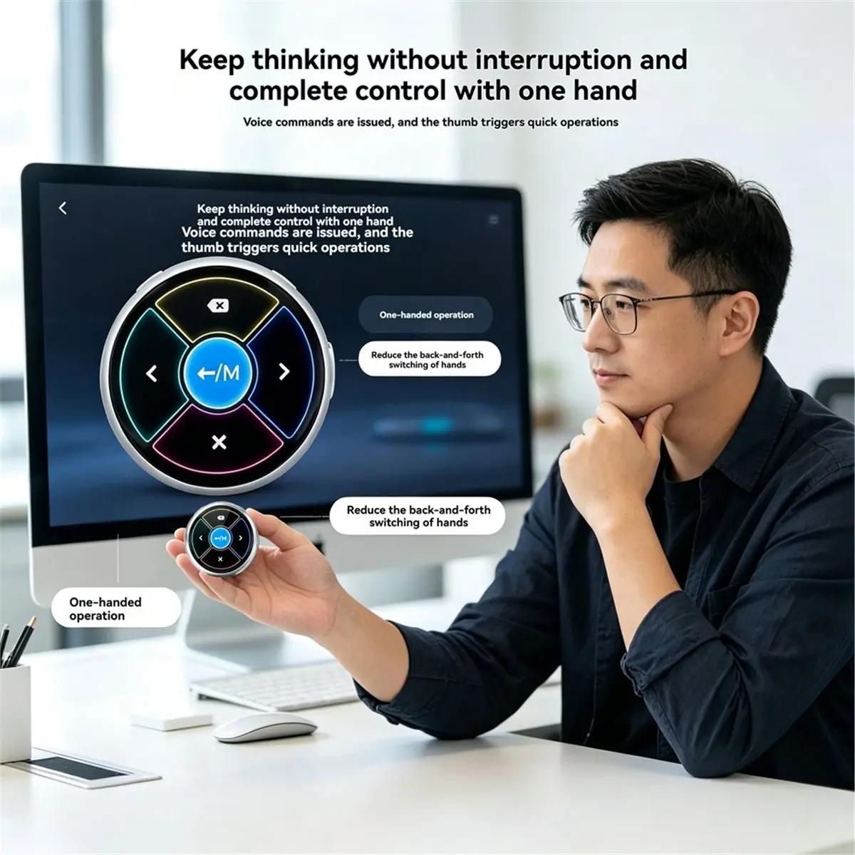 AI Wireless Controller Bluetooth Touch Mouse - 1.75-Inch Round AMOLED Touchscreen Quick Voice Input