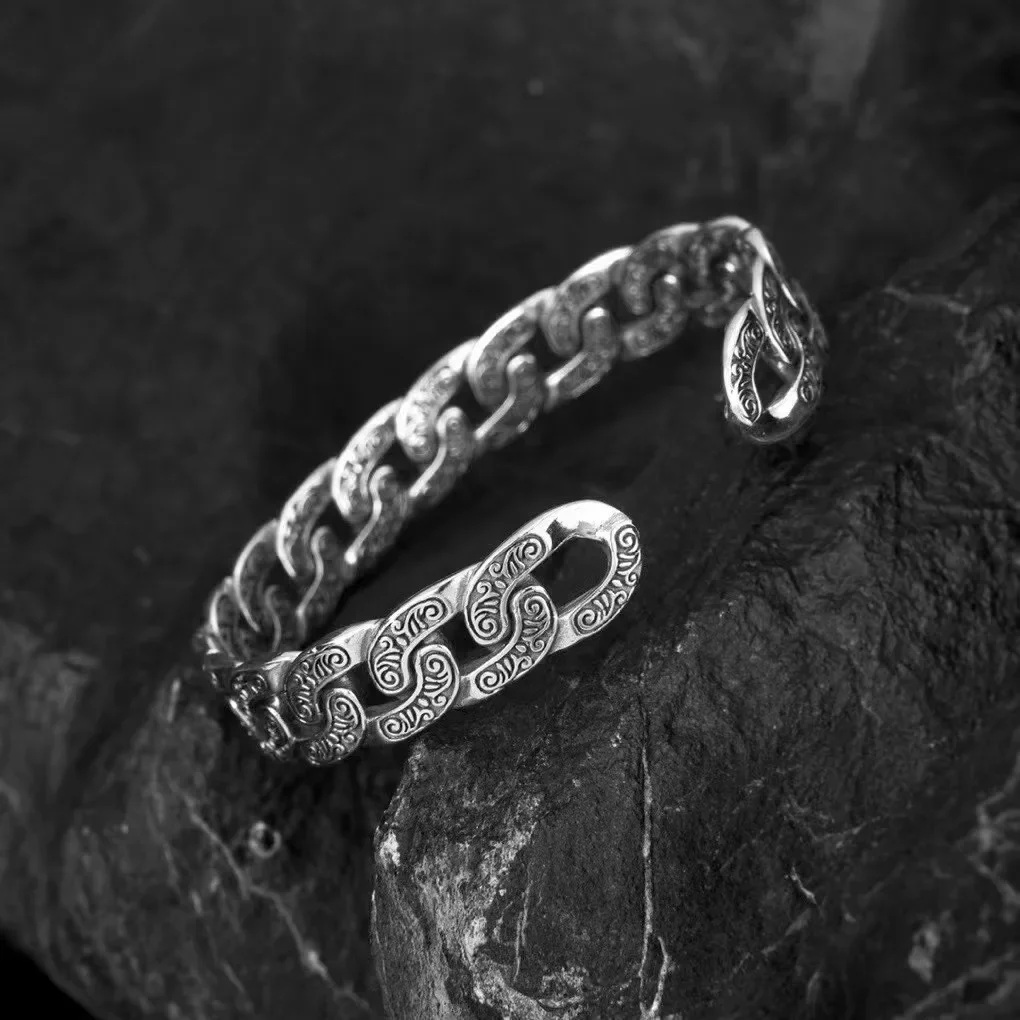 S925 Sterling Silver Open Bracelet Unisex European And American Style Personalized Cuban Chain Vine Grass Pattern