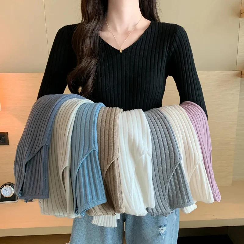 

Autumn Winter V Neck Sweater Women Fashion Simple Basic Long Sleeve Female Pullover Korean Solid Slim All Match Ladies Jumper