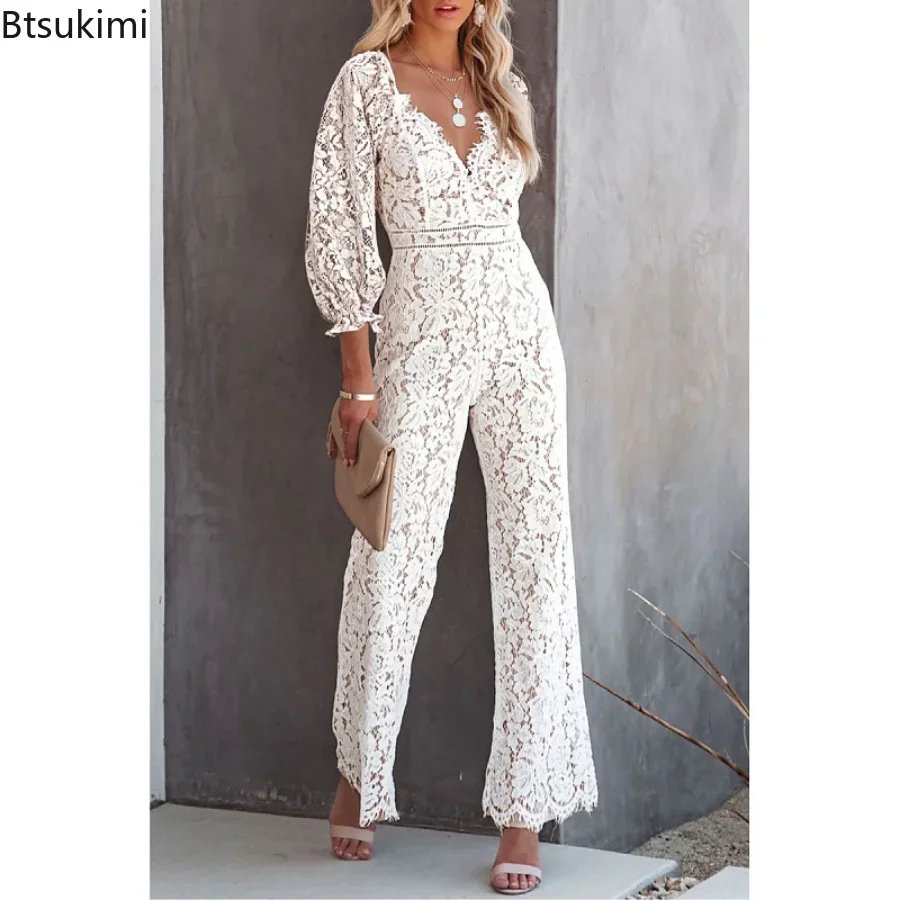 

2024 Women's Sexy Lace Hollow V-Neck Jumpsuit Fashion Nine Points Sleeve Long Jumpsuit Elegant Temperament Solid Slim Romper