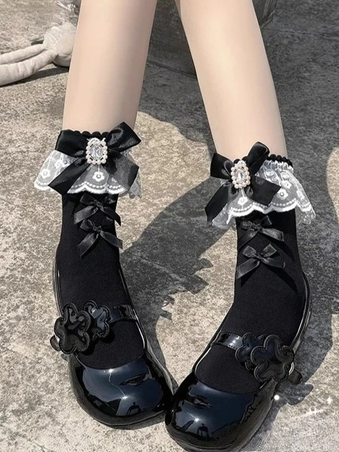 

Spring and Autumn Sweet Lace Cotton Lace Bow Socks Original Retro Pearl Rhinestone Lolita Ladies Socks Cute Medium Tube Socks