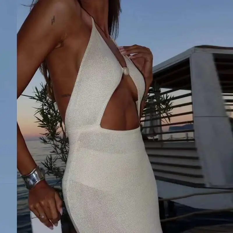 Sexy Neckholder Low Cut Hohl Gestricktes Kleid Sommer Ärmellos Side Split Slim Fit Strand Badeanzug Rückenfrei Damen Cover Up Bademode