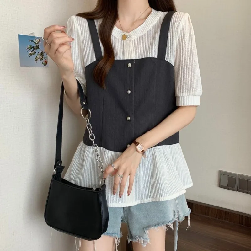 2024 Summer New Blouses Women\'s Patchwork Contrast Color Button Cardigan Simplicity Commute Loose Round Neck Short Sleeve Shirts