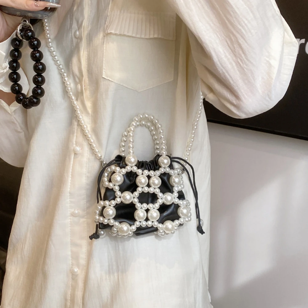 

Summer Small Bag New Style Pearl Handbag Single Shoulder Bag Women's Single Shoulder Crossbody Bag Hollow Woven Bag