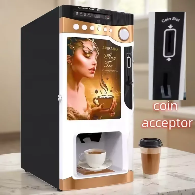 Máquina comercial inteligente de 3 sabores, cappuccino quente, latte, máquina de venda automática de café instantâneo com pagamento operado por moedas