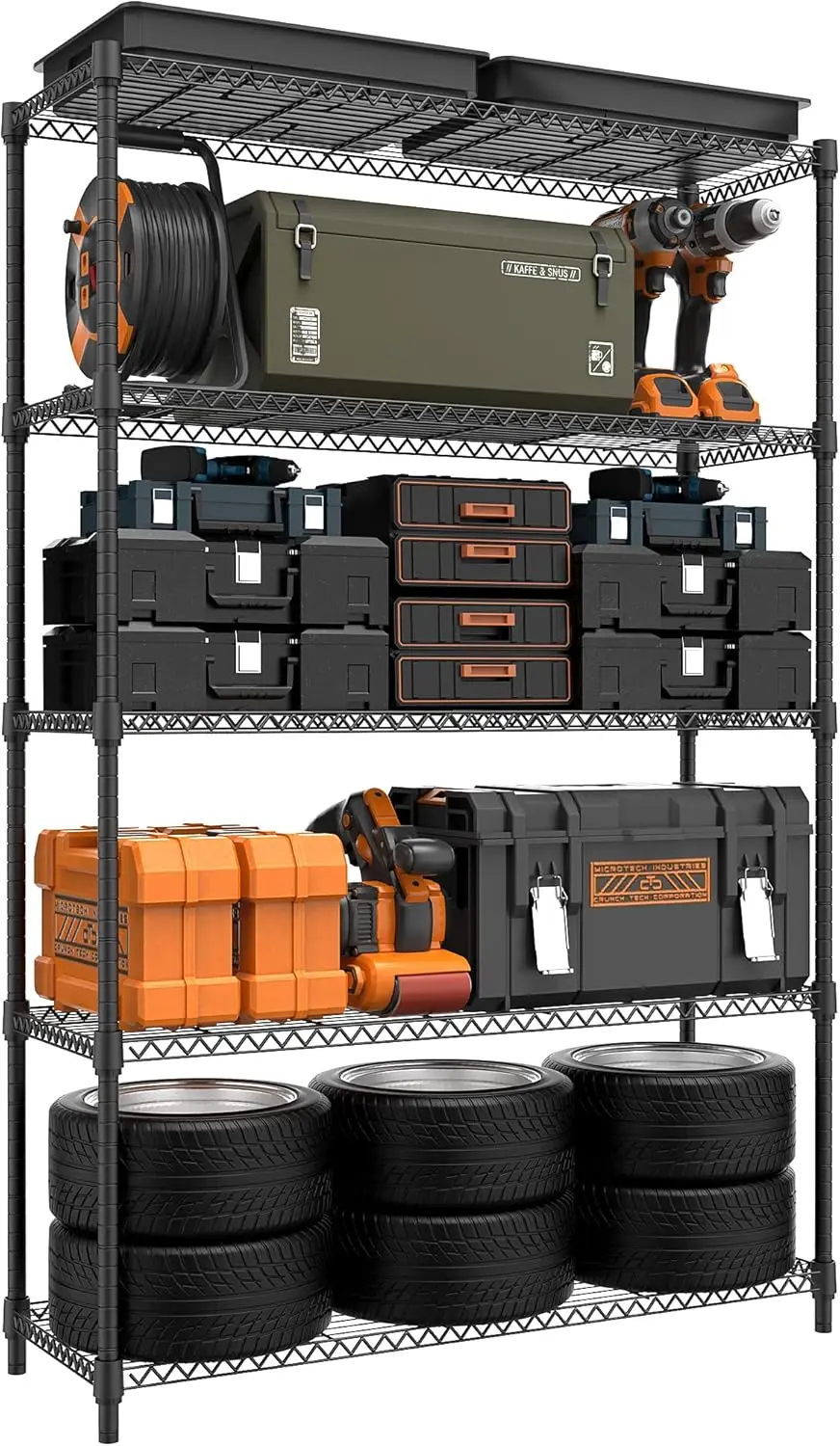 Ripiano portaoggetti in metallo resistente a 5 livelli, capacità 1750 libbre, altezza regolabile per garage dispensa cucina