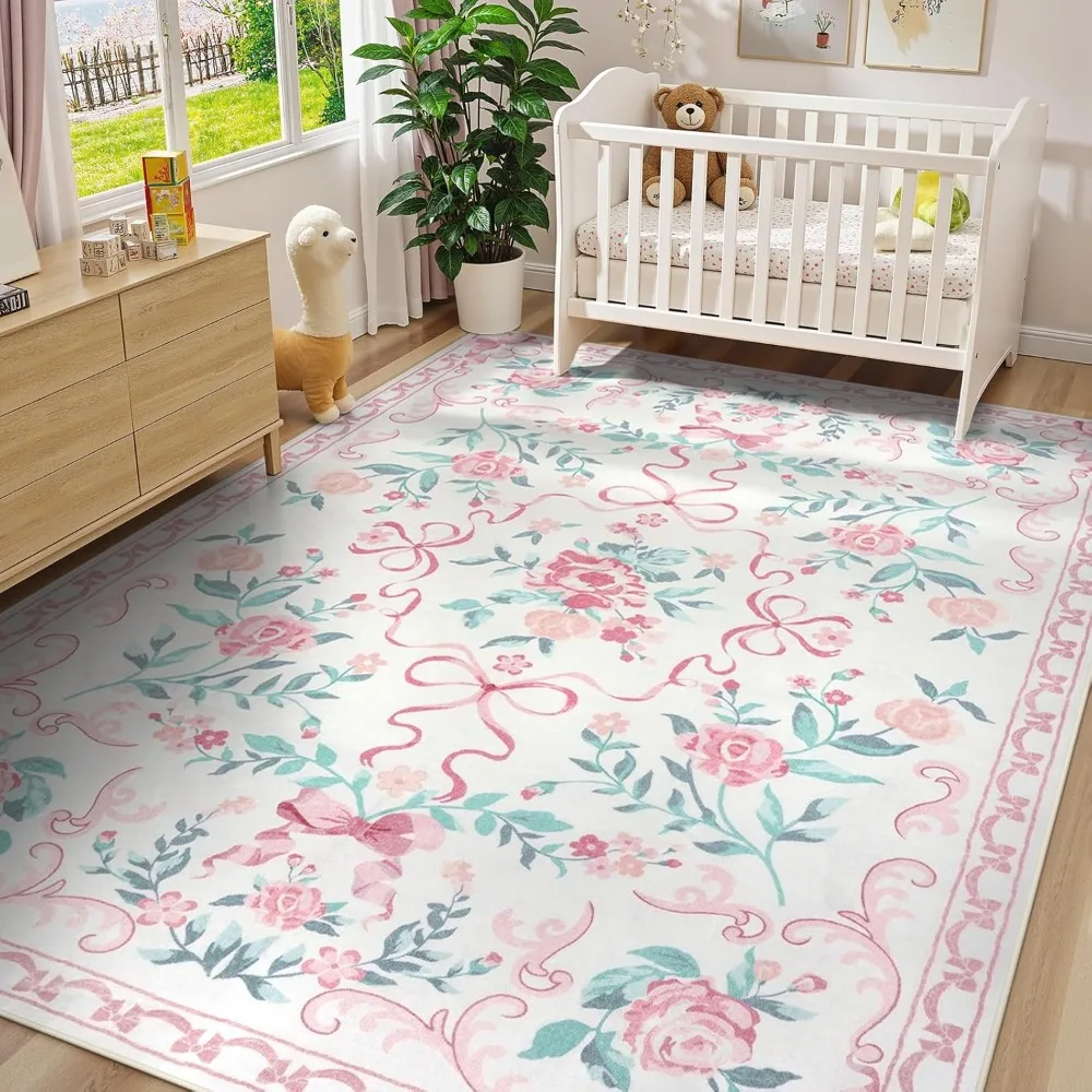 Floral 8x10 Area Rugs for Living Room, Washable Non-Slip Bohemian Style Soft Decor Carpet