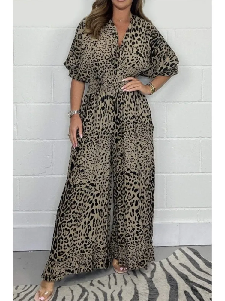 Women Jumpsuit V Neck Leopard Print Wide Leg Mid Sleeve Ruffle Jumpsuit 2024 Summer Loose High Waist Full Length Lady Jumpsuit