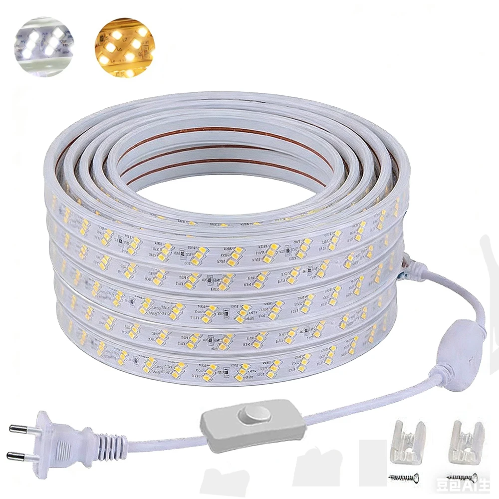 AC 220V LED Strip Light 2835 180LEDs/m with Eu Plug Waterproof Flexible Ribbon Tape for Home Kitchen OutdoorLighting Decoration