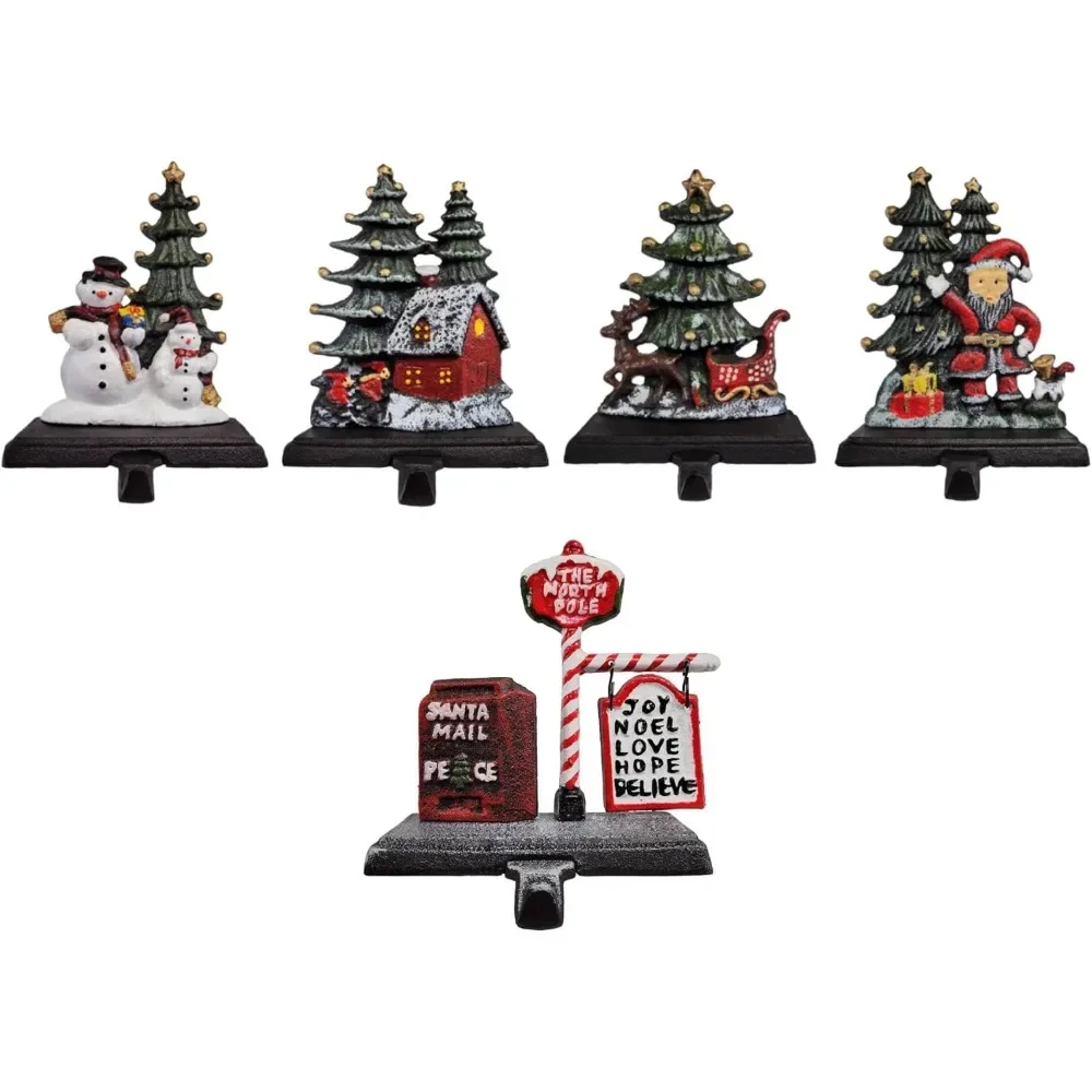 Cast Iron Christmas Stocking Holders|Set of 5 Hooks|Christmas Trees with Snowman|House|Santa|Sleigh|and Santa North Pole