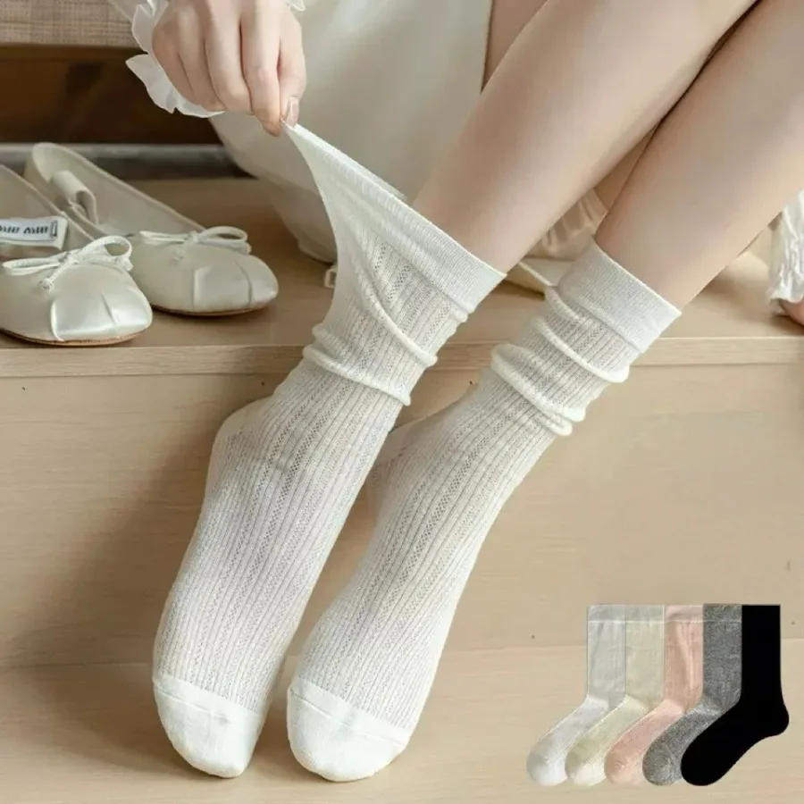 1Pair Women Thin Hollow Out Long Loose Socks JK Lolita Sweet Girls Japanese Solid Color Breathable Cotton Spring Summer Stockin